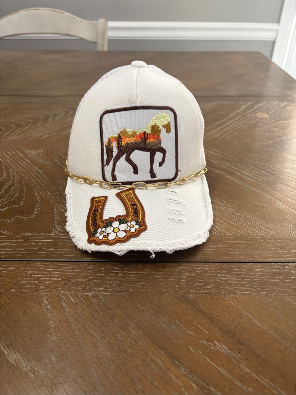 Kids White Distressed Horse Patch Cap with Gold Chain